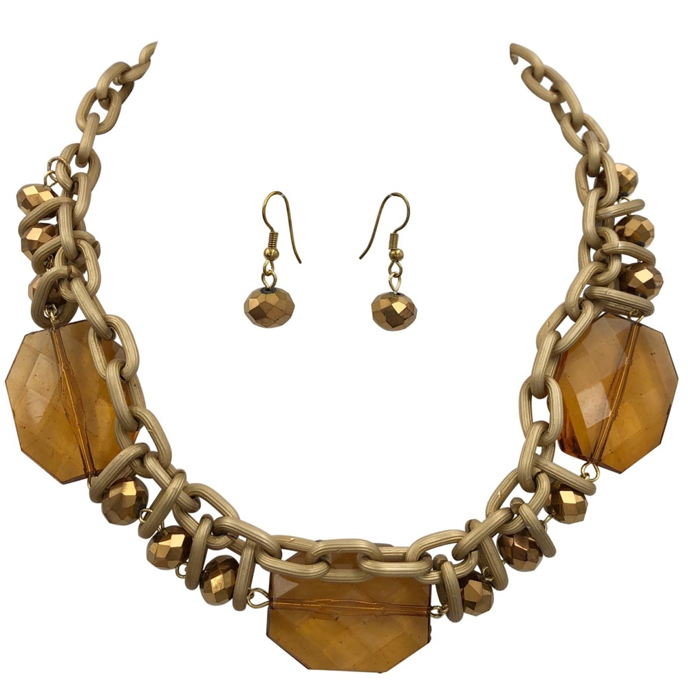 Chunky Brown Gold Beaded Necklace Earrings Set